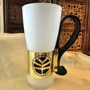 Vintage NCAA VCU Frosted Glass & Gold Tone Metal Caged Plastic Handled Mug / Cup